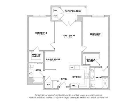 Floor plan for 2 beds, 2 baths, 1294 sqft